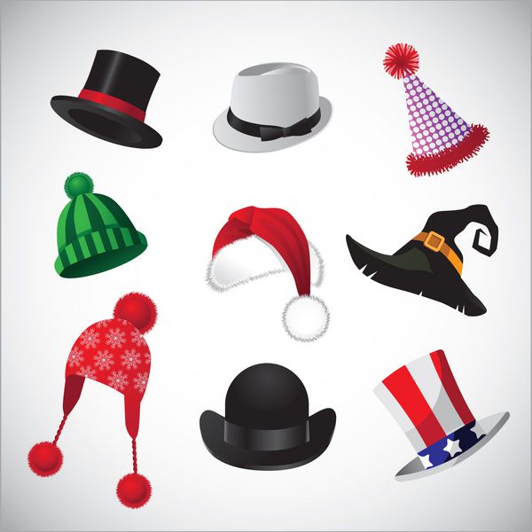 مجموعه کلاه مجموعه ای از کلاه های سرگرم کننده وکتور گروه بندی شده برای ویرایش آسان بدون اشکال یا مسیرهای باز