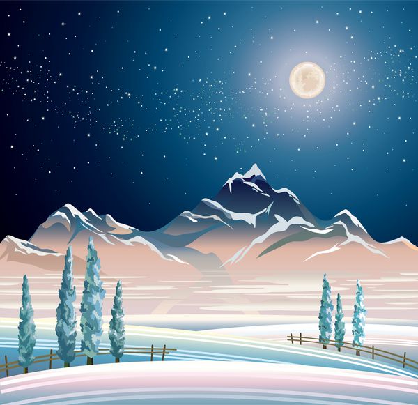 منظره زمستانی شبانه با کوه ها و درختان برفی