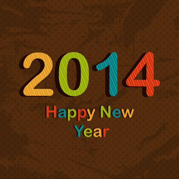 جشن سال نو 2014 مبارک پوستر یا بنر با متن رنگارنگ در پس زمینه قهوه ای تیره