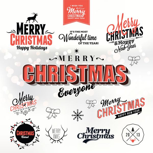 نمادهای کریسمس و سال نو برای کارت پستال دعوت نامه پوستر و سایر مجموعه های تزئینی مجموعه ای از عناصر خوشنویسی و تایپوگرافی قاب ها برچسب های قدیمی