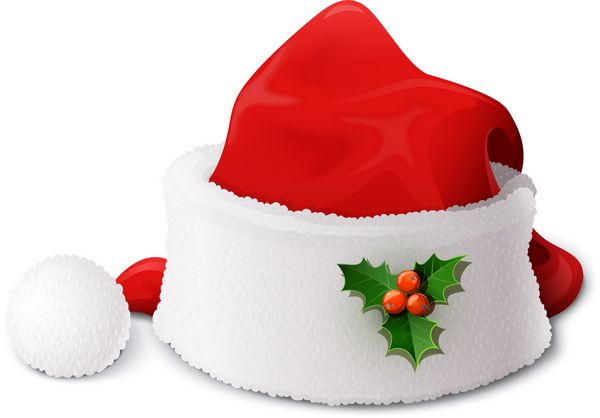 کلاه بابا نوئل وکتور جدا شده در پس زمینه سفید اشیاء شفاف و ماسک های کدورت که برای طراحی سایه ها و نورها استفاده می شود