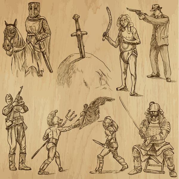 سربازان رزمندگان و قهرمانان مجموعه شماره 2 - مجموعه ای از تصاویر طراحی شده با دست اصل بدون ردیابی توضیحات هر نقاشی شامل دو لایه طرح کلی است پس زمینه رنگی جدا شده است