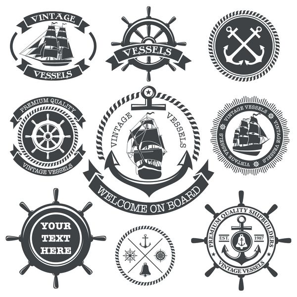 مجموعه ای از برچسب های دریایی قدیمی نمادها و عناصر طراحی