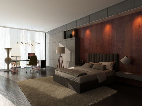 طراحی مدرن داخلی اتاق خواب با تخت کینگ و دیوار چوبی
