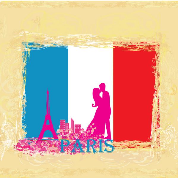 زوج عاشق در پاریس - کارت قدیمی پرچم در پس زمینه