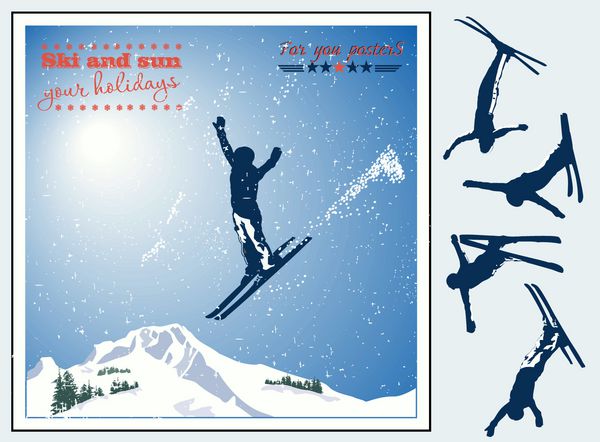 چشم انداز آلپ اسکی باز در حال پرواز در خورشید و کوه ها