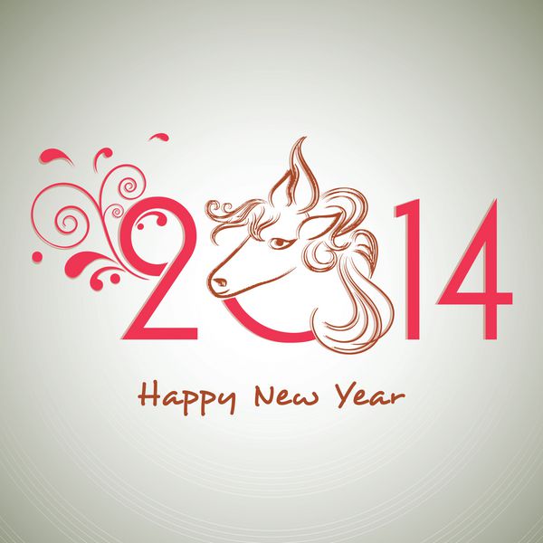 بروشور بنر یا پوستر جشن سال نو 2014 مبارک با متن صورتی تزئین شده با گل و نماد چینی سال در زمینه خاکستری