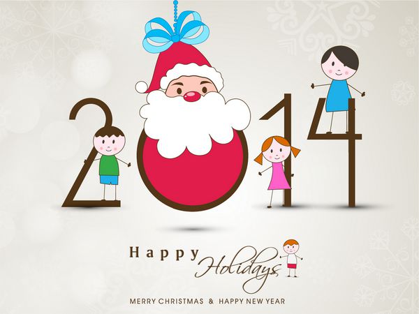 پوستر بنر یا بروشور جشن سال نو 2014 مبارک با بابا نوئل شاد و بچه های کوچک در پس زمینه انتزاعی