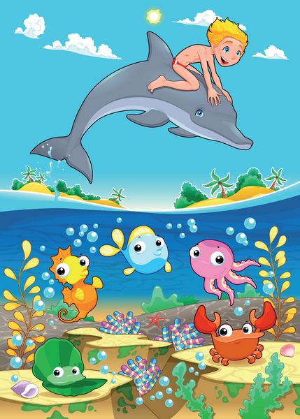 پسر و دلفین با ماهی زیر دریا تصویر وکتور کارتونی خنده دار