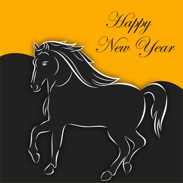 بروشور بنر پوستر یا دعوتنامه جشن سال نو مبارک 2014 با تصویر اسب نماد چینی سال در زمینه زرد یا سیاه