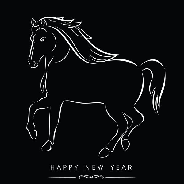 بروشور بنر پوستر یا دعوتنامه جشن سال نو مبارک 2014 با تصویر اسب نماد چینی سال در پس زمینه سیاه