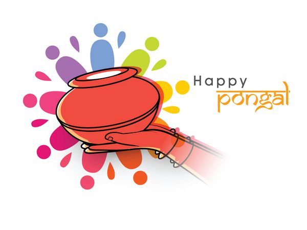 جشن پونگال جشن برداشت محصول در جنوب هند با گلدان سنتی که توسط دست زنی روی پس‌زمینه رنگارنگ نگه داشته شده است