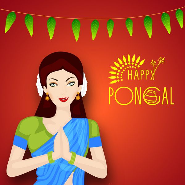 دختری زیبا با لباس‌های سنتی دست‌های ساروی به‌نماینده فرهنگ هندوستان به مناسبت جشن فستیوال برداشت در جنوب هند پونگال شاد به نامسته تبریک می‌گوید