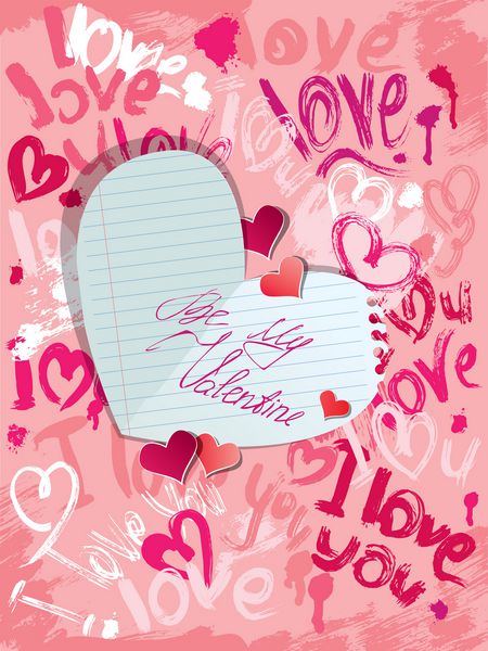 پس زمینه با قلم مو و خط خطی به شکل قلب و کلمات LOVE I LOVE YOU و قلب کاغذی با متن خوشنویسی ولنتاین من باش - کارت روز ولنتاین