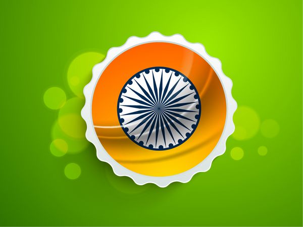 برچسب برچسب یا برچسب روز جمهوری هند مبارک در پرچم سه رنگ ملی و چرخ آشوکا در زمینه سبز براق
