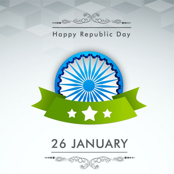 روز جمهوری هند مبارک با چرخ آشکا و روبان سبز در پس زمینه آبی