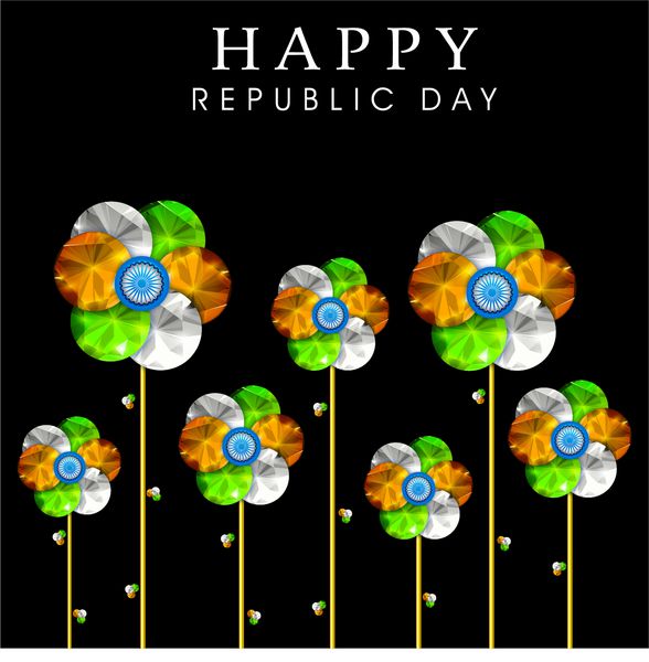 مفهوم روز جمهوری هند مبارک با گل های براق کریستالی در سه رنگ ملی و چرخ آشکا در زمینه مشکی