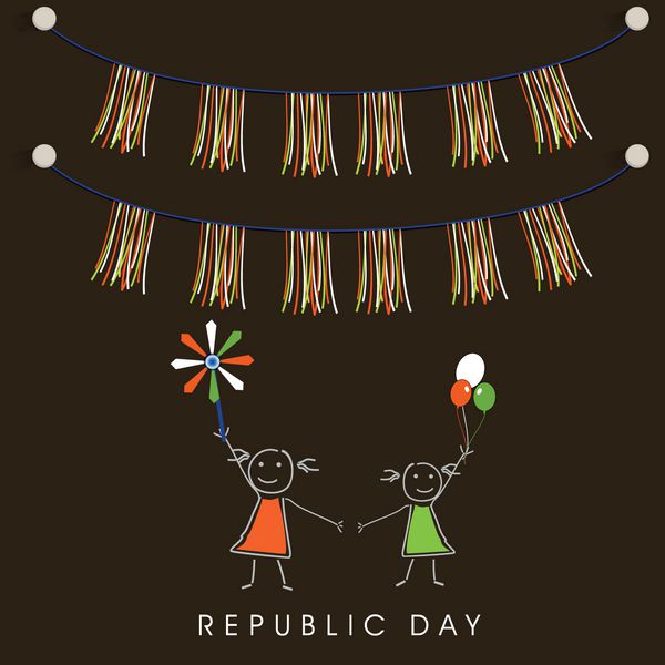 مفهوم روز جمهوری هند مبارک با تصویر کارتونی کودکان با تزئینات طلایی در پس زمینه قهوه ای