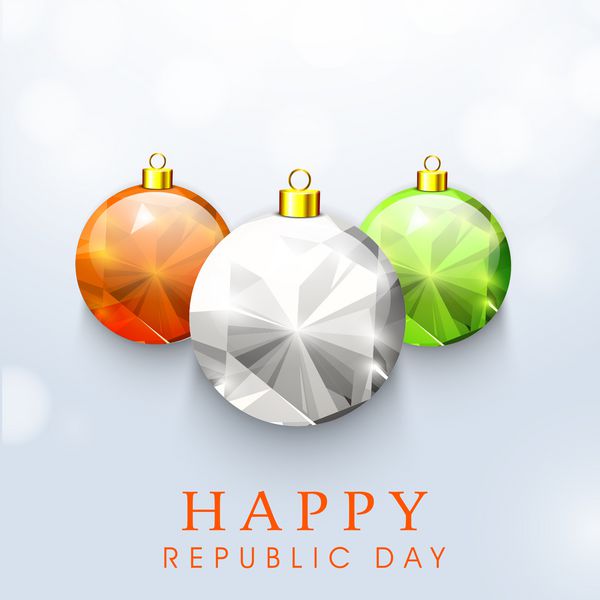 مفهوم روز جمهوری هند مبارک با توپ های براق کریستالی در سه رنگ ملی در پس زمینه خاکستری