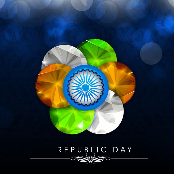 مفهوم روز جمهوری هند مبارک با توپ های براق کریستالی در سه رنگ ملی و چرخ آشکا در پس زمینه آبی