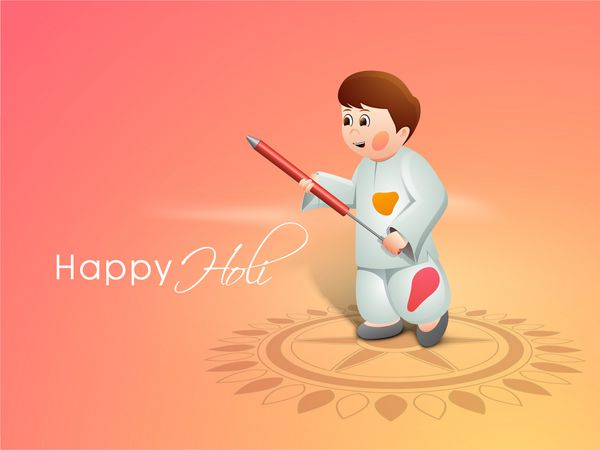 جشنواره رنگ هندی مفهوم هولی با بچه کوچولوی ناز در حال بازی رنگ ها با پیچکاری روی پس زمینه تزئین شده با گل