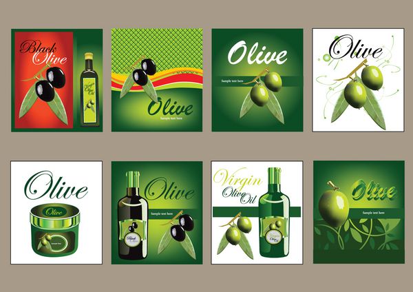 مجموعه برچسب های زیتون با زیتون سبز و سیاه و بطری های روغن زیتون برچسب های وکتور مفید برای طرح های بسته بندی