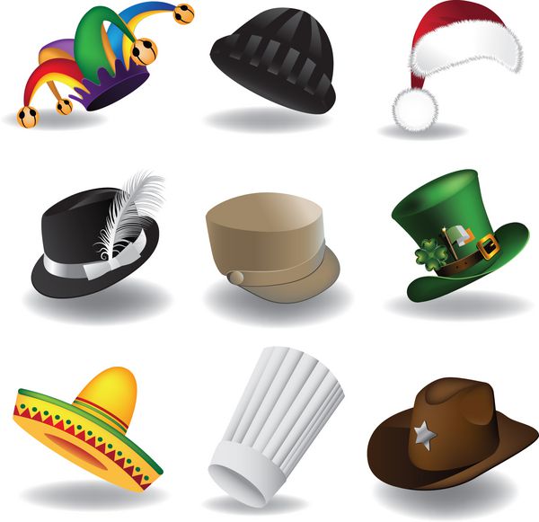 مجموعه کلاه 2 مجموعه ای از کلاه های سرگرم کننده وکتور گروه بندی شده برای ویرایش آسان بدون اشکال یا مسیرهای باز