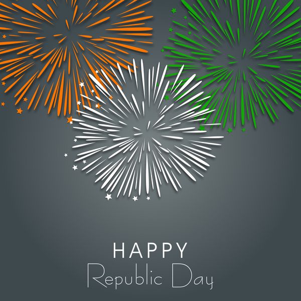مفهوم روز جمهوری هند مبارک با آتش بازی های زیبا در رنگ های پرچم ملی در پس زمینه خاکستری