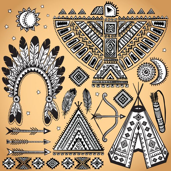 مجموعه ای از نمادهای بومی آمریکایی قبیله ای قدیمی