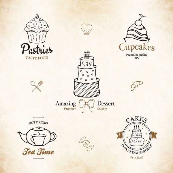 برچسب مجموعه لوگو برای منوی رستوران نانوایی و شیرینی فروشی