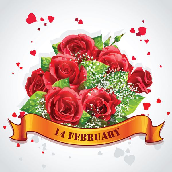 کارت تبریک روز ولنتاین مبارک با گل رز قرمز و روبان زرد