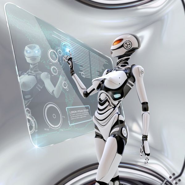 طراحی داخلی رباتیک مدرن اندروید زن آینده نگر مدیریت رابط مجازی در فضای دیجیتال