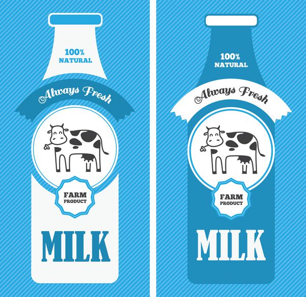 دو پوستر شیر عمودی آبی با گاو زیبا و بطری شیر