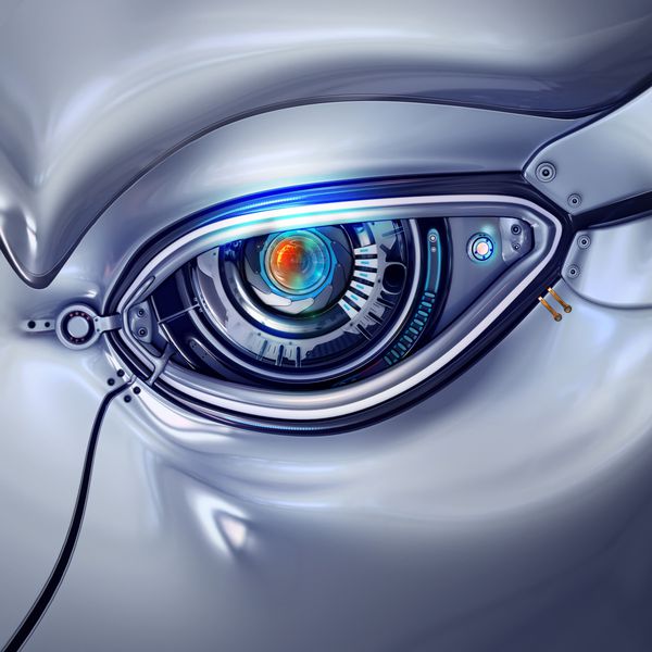 چشم سایبری درخشان آینده‌نگر با اعداد رایانه‌ای که در نمای نزدیک به عنوان بخشی از چهره ربات فلزی مکانیکی می‌درخشند