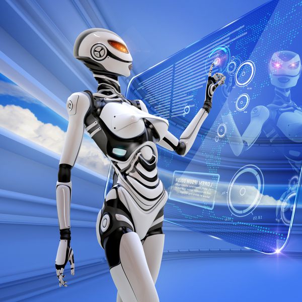 رباتیک SCI-FI با طراحی مدرن اندروید زن آینده نگر مدیریت رابط مجازی در فضای دیجیتال