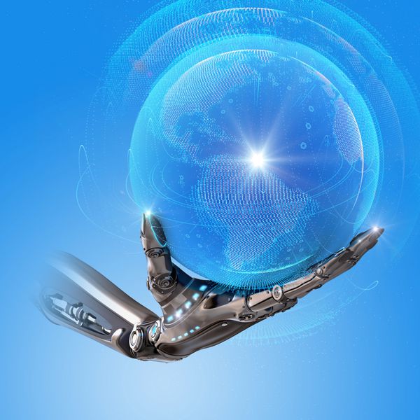 دست اندروید رباتیک که کره زمین درخشان الکترونیکی آبی را به عنوان مفهوم طراحی علمی تخیلی آینده نگرانه در دست گرفته است