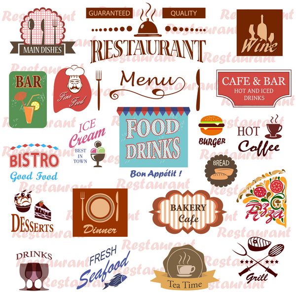 مجموعه ای از برچسب های غذا و نوشیدنی نمادهای رستوران و کافه