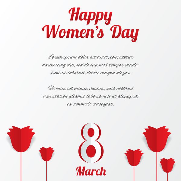 کارت روز زن 8 مارس با گل رز و متن در پس زمینه سفید برش از کاغذ وکتور