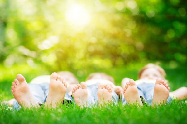 خانواده دراز کشیدن روی چمن سبز در پارک بهار مفهوم سبک زندگی سالم