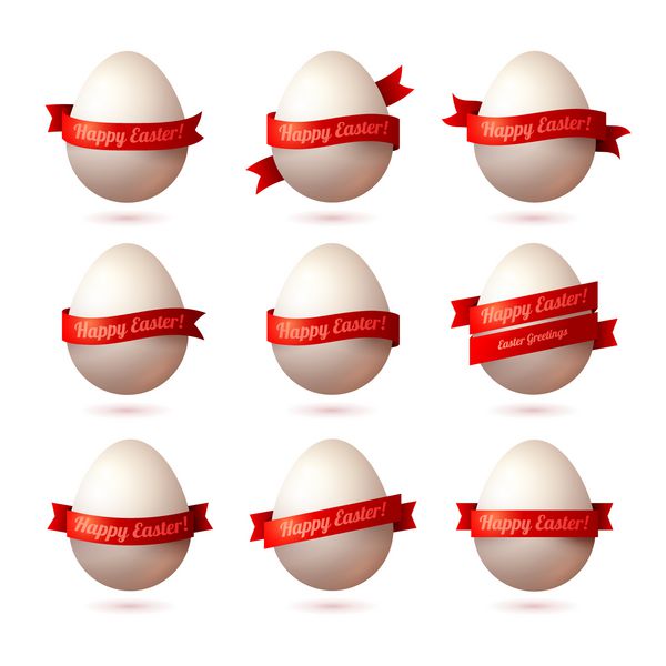 مگا مجموعه ای از تخم مرغ های وکتور با روبان قرمز پیام عید پاک مبارک وکتور طراحی قالب عید پاک برای کارت تبریک و دعوت شکل سه بعدی انتزاعی