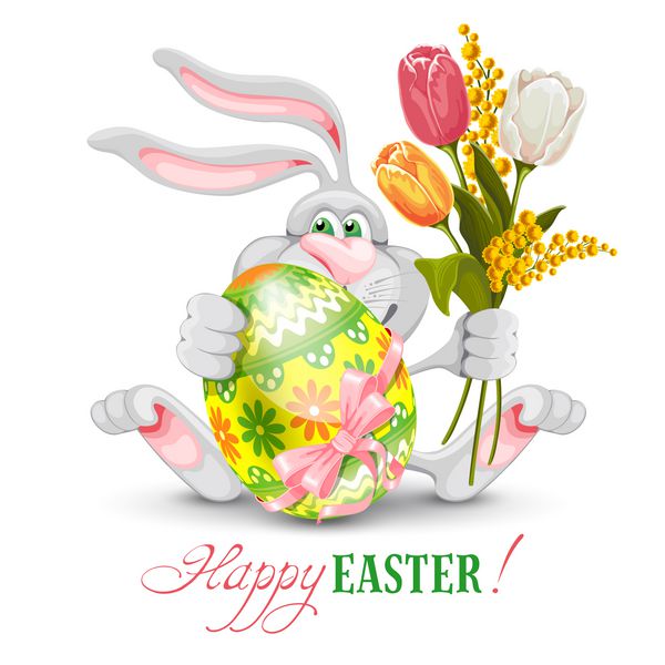 اسم حیوان دست اموز کارتونی که تخم مرغ و گل های بهاری نقاشی شده را در دست دارد و عید پاک را به شما تبریک می گوید