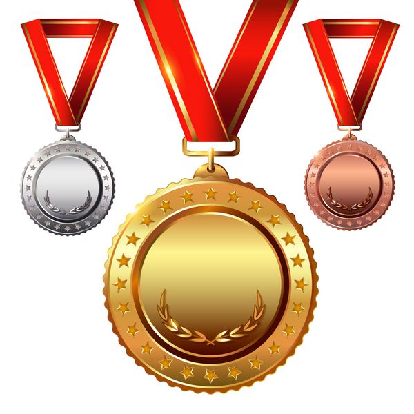 اولین مکان مقام دوم مقام سوم مجموعه مدال‌های جایزه خالی روی سفید با نوارهای قرمز و ستاره وکتور