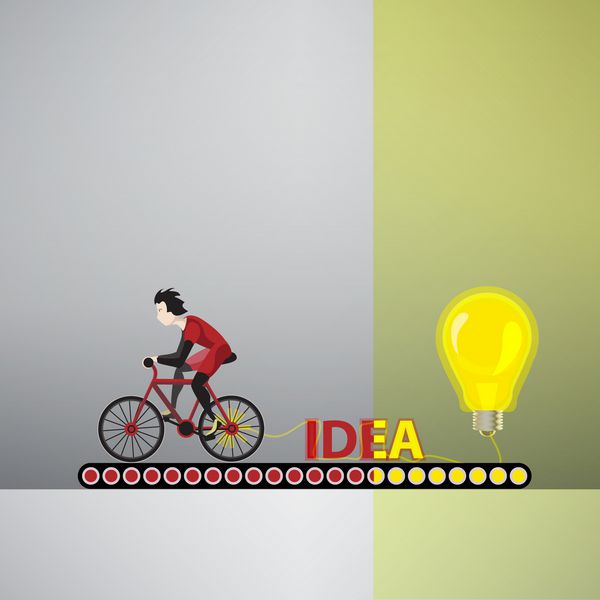 مفهوم - دوچرخه سوار با کمک یک لامپ برق قدرت ایده ها را توسعه می دهد