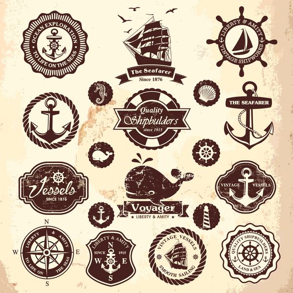 مجموعه ای از برچسب ها نشان ها و نمادهای دریایی قدیمی