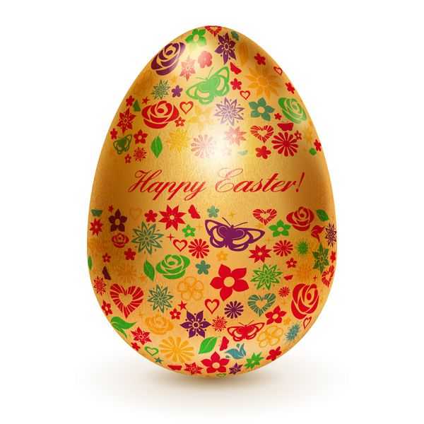 تخم مرغ طلایی واقعی با الگوی گل برگ و پروانه با سایه روی زمینه سفید