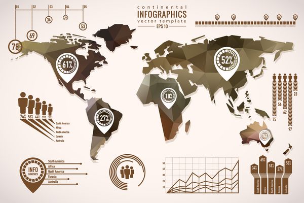 قالب وکتور ساده نقشه جهان قاره با الگوی مثلث مدرن و قالب های اینفوگرافیک