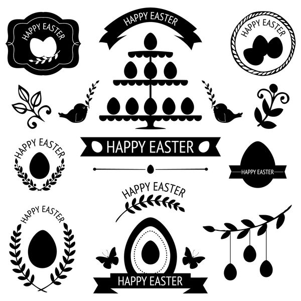 مجموعه وکتور نمادهای رترو سیاه برای طراحی عید پاک جدا شده روی سفید
