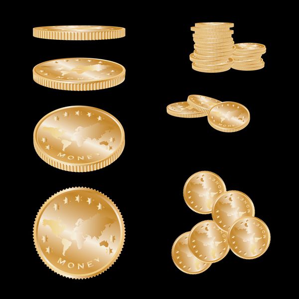 سکه طلا مفهومی در موقعیت های مختلف وکتور جدا شده