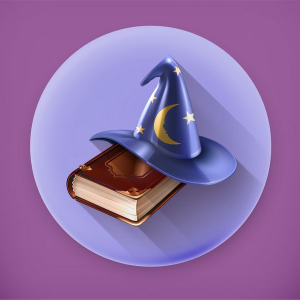 کلاه جادوگر و کتاب قدیمی نماد وکتور سایه بلند