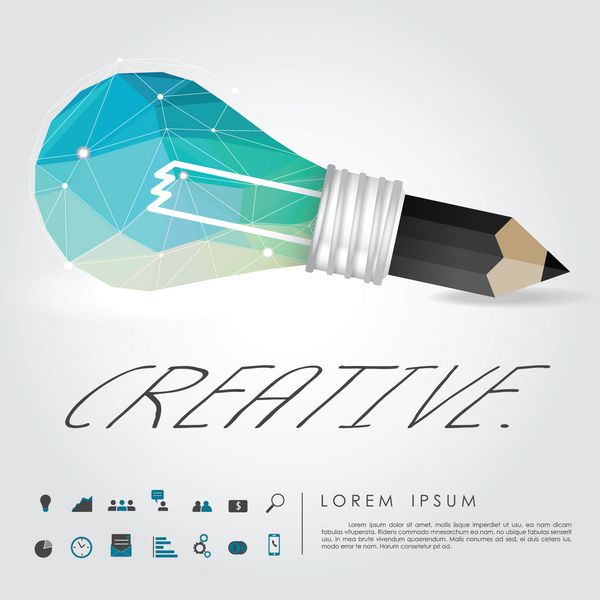 لامپ ایده هندسی و مداد نوشتن کلمه خلاقانه با وکتور نماد تجاری